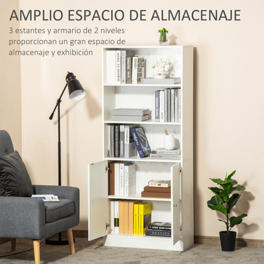 HOMCOM Estante para Livros com 3 Compartimentos Abertos e 1 Armário com Prateleira Ajustável Armazenamento para Sala de Estar Escritório 70x29,5x167 Branco