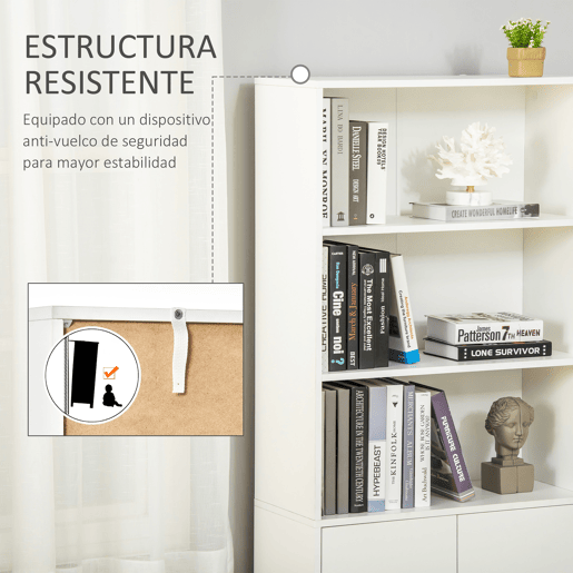 HOMCOM Estante para Livros com 3 Compartimentos Abertos e 1 Armário com Prateleira Ajustável Armazenamento para Sala de Estar Escritório 70x29,5x167 Branco