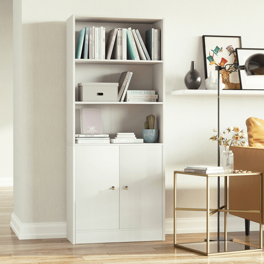 HOMCOM Estante para Livros com 3 Compartimentos Abertos e 1 Armário com Prateleira Ajustável Armazenamento para Sala de Estar Escritório 70x29,5x167 Branco