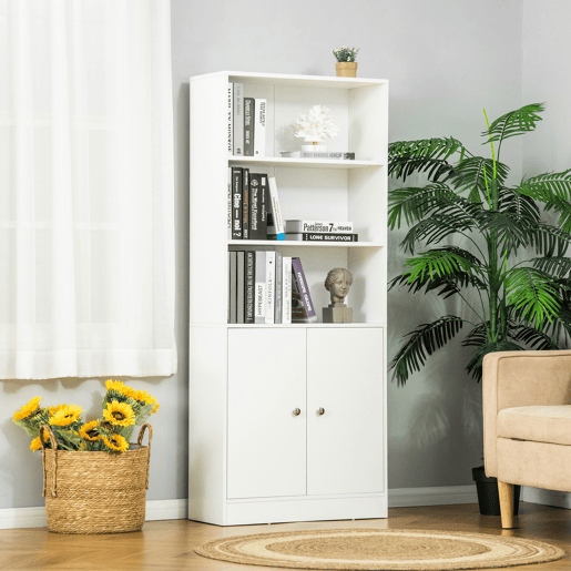 HOMCOM Estante para Livros com 3 Compartimentos Abertos e 1 Armário com Prateleira Ajustável Armazenamento para Sala de Estar Escritório 70x29,5x167 Branco