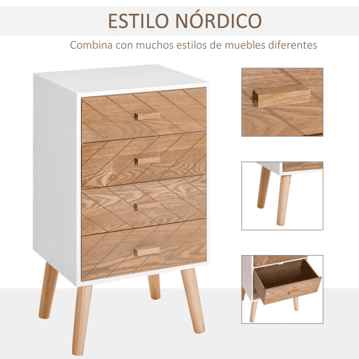 HOMCOM Mesa de Cabeceira com 4 Gavetas Mesa de Cabeceira com Espaço de Armazenamento para Dormitório 40x30x75 cm Branco e Madeira