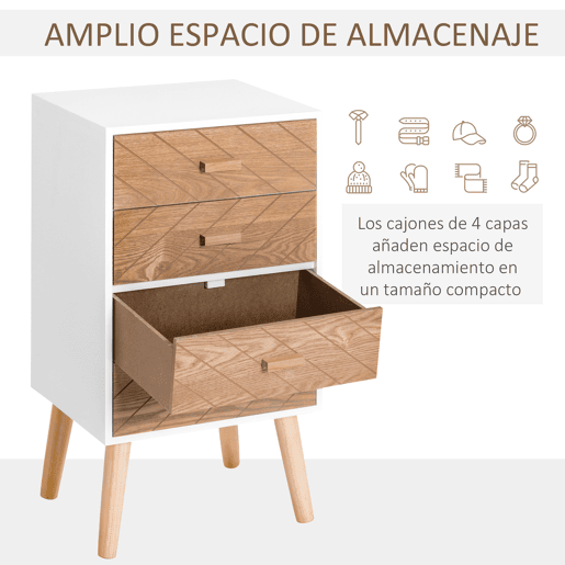 HOMCOM Mesa de Cabeceira com 4 Gavetas Mesa de Cabeceira com Espaço de Armazenamento para Dormitório 40x30x75 cm Branco e Madeira