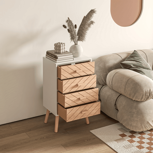 HOMCOM Mesa de Cabeceira com 4 Gavetas Mesa de Cabeceira com Espaço de Armazenamento para Dormitório 40x30x75 cm Branco e Madeira
