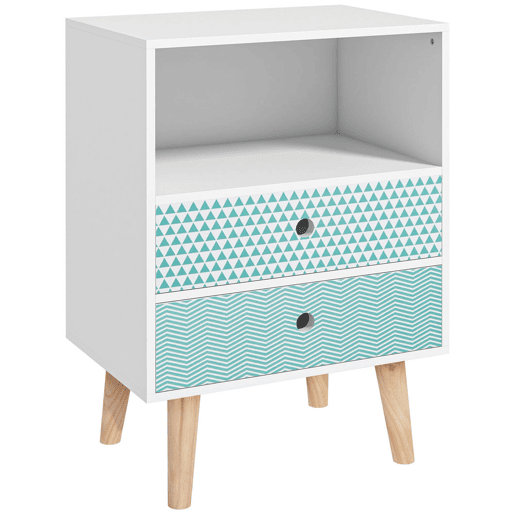 HOMCOM Mesa de Cabeceira com 2 Gavetas e Prateleira Aberta Mesa de Cabeceira Multiuso 45x30x65 cm Branco e Azul