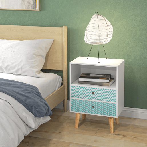 HOMCOM Mesa de Cabeceira com 2 Gavetas e Prateleira Aberta Mesa de Cabeceira Multiuso 45x30x65 cm Branco e Azul