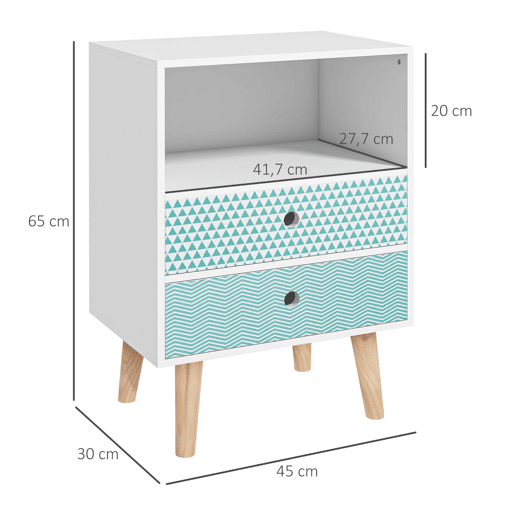 HOMCOM Mesa de Cabeceira com 2 Gavetas e Prateleira Aberta Mesa de Cabeceira Multiuso 45x30x65 cm Branco e Azul