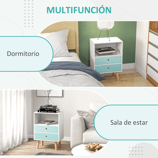 HOMCOM Mesa de Cabeceira com 2 Gavetas e Prateleira Aberta Mesa de Cabeceira Multiuso 45x30x65 cm Branco e Azul