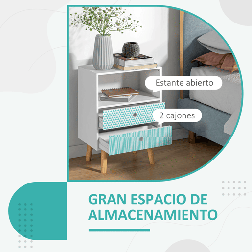 HOMCOM Mesa de Cabeceira com 2 Gavetas e Prateleira Aberta Mesa de Cabeceira Multiuso 45x30x65 cm Branco e Azul