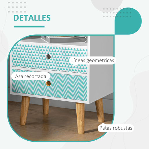 HOMCOM Mesa de Cabeceira com 2 Gavetas e Prateleira Aberta Mesa de Cabeceira Multiuso 45x30x65 cm Branco e Azul