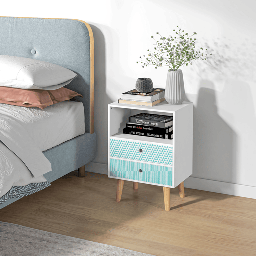 HOMCOM Mesa de Cabeceira com 2 Gavetas e Prateleira Aberta Mesa de Cabeceira Multiuso 45x30x65 cm Branco e Azul