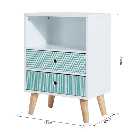 HOMCOM Mesa de Cabeceira com 2 Gavetas e Prateleira Aberta Mesa de Cabeceira Multiuso 45x30x65 cm Branco e Azul