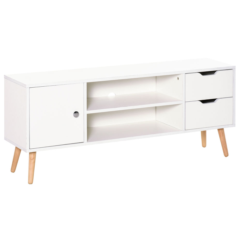 Homcom mueble de tv para televisiones de 50" mesa de salón moderno con puerta 2 estantes abiertos y 2 cajones carga 30 kg para dormitorio sala 120x28x44 cm blanco