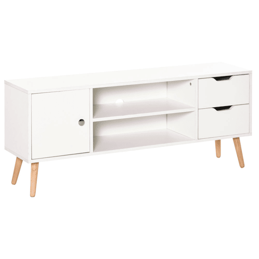 HOMCOM Armário de TV Grande armazenamento com armário prateleiras e gavetas abertas Carga 30 kg 120x28x44 cm Branco