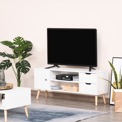 HOMCOM Armário de TV Grande armazenamento com armário prateleiras e gavetas abertas Carga 30 kg 120x28x44 cm Branco