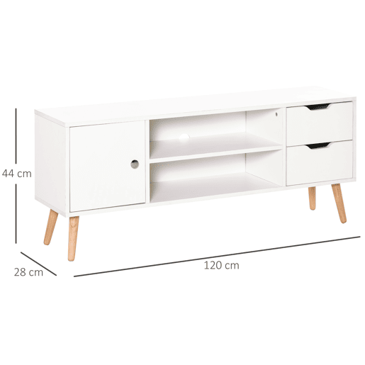 HOMCOM Armário de TV Grande armazenamento com armário prateleiras e gavetas abertas Carga 30 kg 120x28x44 cm Branco