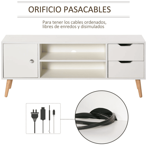 HOMCOM Armário de TV Grande armazenamento com armário prateleiras e gavetas abertas Carga 30 kg 120x28x44 cm Branco