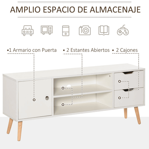 HOMCOM Armário de TV Grande armazenamento com armário prateleiras e gavetas abertas Carga 30 kg 120x28x44 cm Branco
