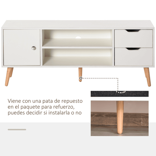 HOMCOM Armário de TV Grande armazenamento com armário prateleiras e gavetas abertas Carga 30 kg 120x28x44 cm Branco