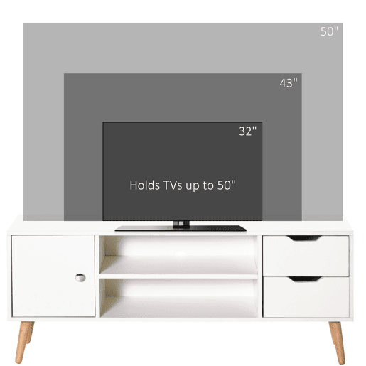 HOMCOM Armário de TV Grande armazenamento com armário prateleiras e gavetas abertas Carga 30 kg 120x28x44 cm Branco