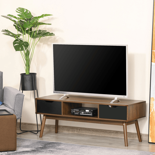 HOMCOM Suporte de TV Mesa da sala de estar para TV de 50 com 2 gavetas e compartimento aberto Estilo Moderno 122x39x46 cm Marrom