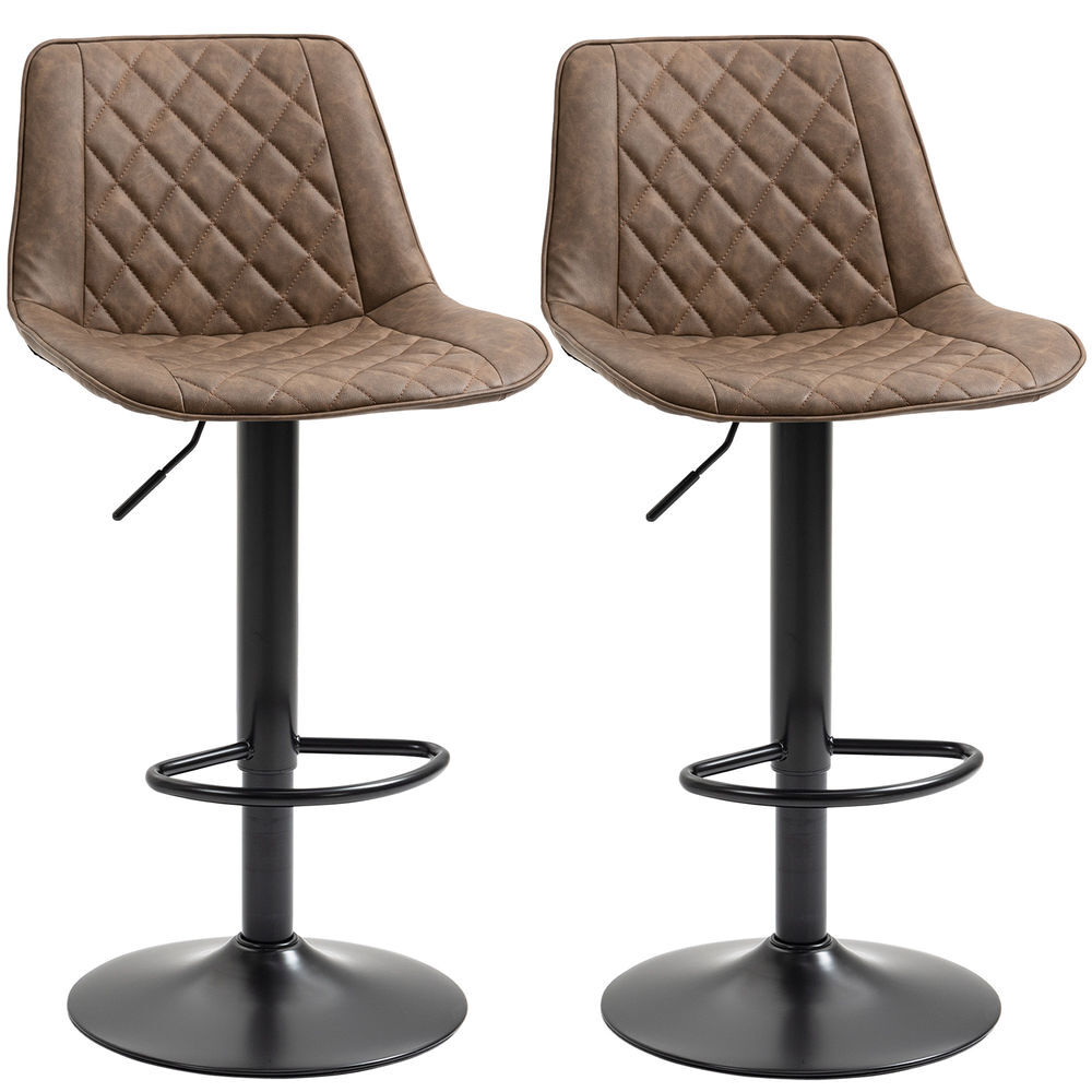 Homcom juego de 2 taburetes de bar giratorios, taburetes altos de cocina con altura ajustable 86-106 cm, sillas altas de cocina, tapizada en cuero sintético, respaldo y reposapiés, marrón