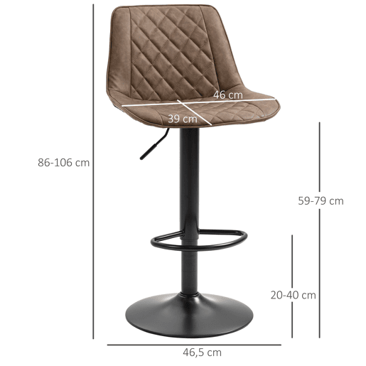 HOMCOM Conjunto de Bancos de Bar Estofados em PU Bancos Altos de Sala de Jantar com Altura Ajustável Assento Giratório e Apoio para os Pés Carga Máxima 120kg 46,5x51x86-106cm Marrom