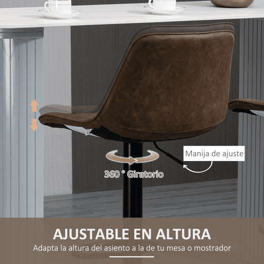 HOMCOM Conjunto de Bancos de Bar Estofados em PU Bancos Altos de Sala de Jantar com Altura Ajustável Assento Giratório e Apoio para os Pés Carga Máxima 120kg 46,5x51x86-106cm Marrom