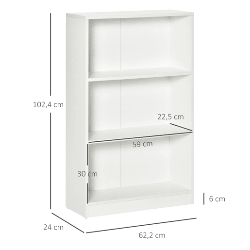 HOMCOM Estante para Livros com 3 Compartimentos de Armazenamento Livros Plantas para Sala de Estar Estúdio Dormitório 62,2x24x102,4cm Branco