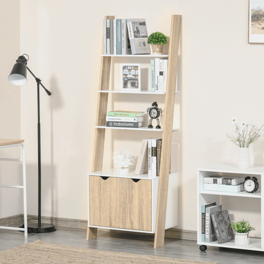 HOMCOM Estante em Forma de Escada de Madeira com 3 Prateleiras e 1 Armário Estante de Estilo Nórdico Moderno 60x40x171cm Carvalho e Branco HOMCOM Estante em Forma de Escada de Madeira com 3 Prateleiras e 1 Armário Estante de Estilo Nórdico Moderno 60x40x171cm Carvalho e Branco