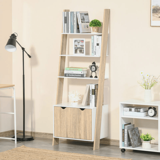 HOMCOM Estante em Forma de Escada de Madeira com 3 Prateleiras e 1 Armário Estante de Estilo Nórdico Moderno 60x40x171cm Carvalho e Branco HOMCOM Estante em Forma de Escada de Madeira com 3 Prateleiras e 1 Armário Estante de Estilo Nórdico Moderno 60x40x171cm Carvalho e Branco
