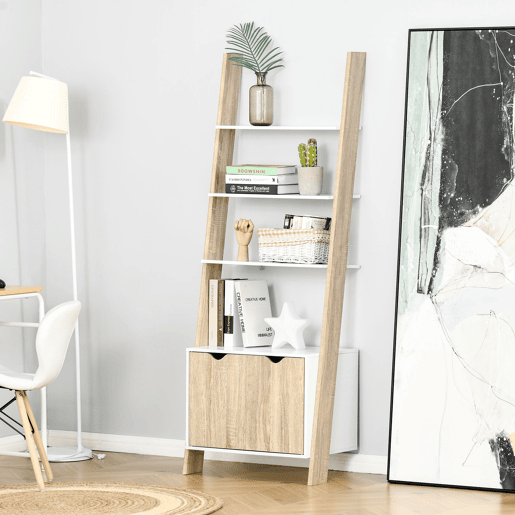 HOMCOM Estante em Forma de Escada de Madeira com 3 Prateleiras e 1 Armário Estante de Estilo Nórdico Moderno 60x40x171cm Carvalho e Branco HOMCOM Estante em Forma de Escada de Madeira com 3 Prateleiras e 1 Armário Estante de Estilo Nórdico Moderno 60x40x171cm Carvalho e Branco