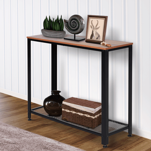 HOMCOM Mesa Consola Industrial Mesa de Entrada com Prateleira Inferior de Malha Metálica Carga 30 kg 101x35x80 cm Marrom e Preto
