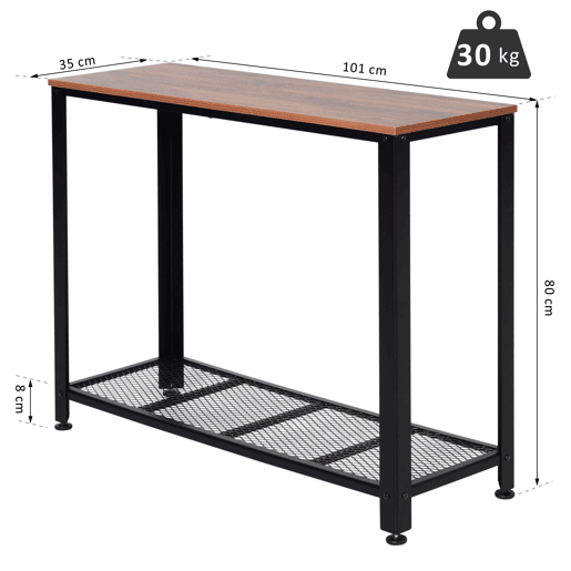 HOMCOM Mesa Consola Industrial Mesa de Entrada com Prateleira Inferior de Malha Metálica Carga 30 kg 101x35x80 cm Marrom e Preto