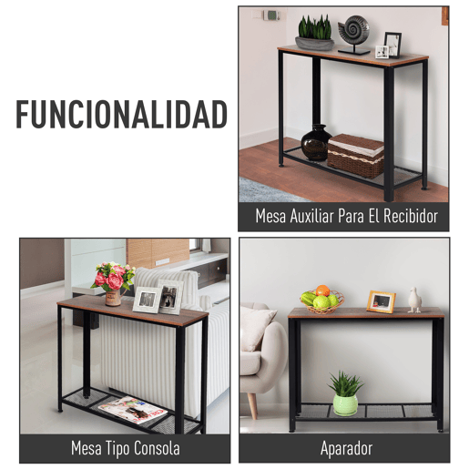 HOMCOM Mesa Consola Industrial Mesa de Entrada com Prateleira Inferior de Malha Metálica Carga 30 kg 101x35x80 cm Marrom e Preto