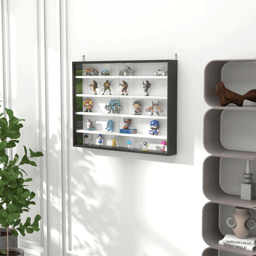 HOMCOM Vitrina Expositora de 5 Níveis para Coleções, Vitrina de Parede, com Prateleiras Ajustáveis e 2 Portas de Vidro Deslizantes, para Perfumes e Itens Decorativos, 80x9,5x60 cm, Branco e Preto