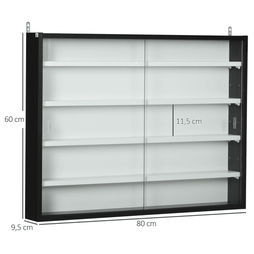HOMCOM Vitrina Expositora de 5 Níveis para Coleções, Vitrina de Parede, com Prateleiras Ajustáveis e 2 Portas de Vidro Deslizantes, para Perfumes e Itens Decorativos, 80x9,5x60 cm, Branco e Preto