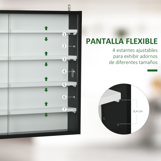 HOMCOM Vitrina Expositora de 5 Níveis para Coleções, Vitrina de Parede, com Prateleiras Ajustáveis e 2 Portas de Vidro Deslizantes, para Perfumes e Itens Decorativos, 80x9,5x60 cm, Branco e Preto