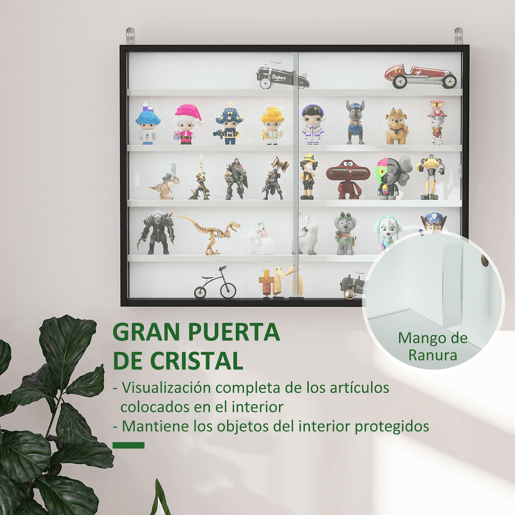 HOMCOM Vitrina Expositora de 5 Níveis para Coleções, Vitrina de Parede, com Prateleiras Ajustáveis e 2 Portas de Vidro Deslizantes, para Perfumes e Itens Decorativos, 80x9,5x60 cm, Branco e Preto