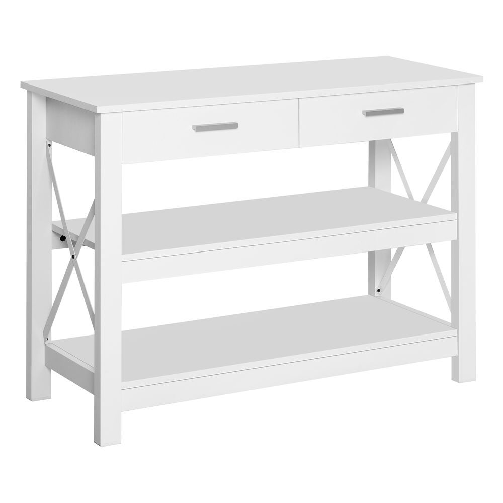 Homcom mesa consola mesa de recibidor entrada con 2 cajones y estantes inferiores estilo moderno marco metálico 105x40x76 cm blanco