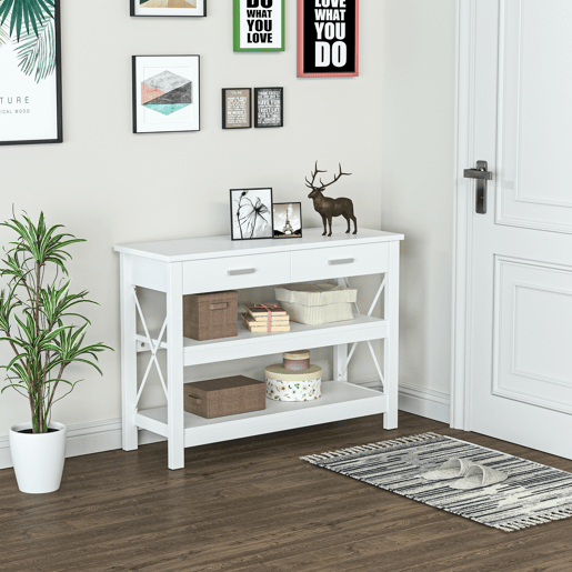 HOMCOM Mesa de console de estilo moderno com 2 gavetas e prateleiras inferiores 105x40x76 cm Branco