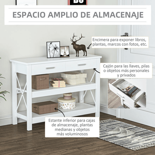 HOMCOM Mesa de console de estilo moderno com 2 gavetas e prateleiras inferiores 105x40x76 cm Branco