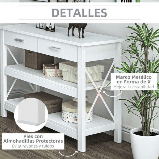 HOMCOM Mesa de console de estilo moderno com 2 gavetas e prateleiras inferiores 105x40x76 cm Branco
