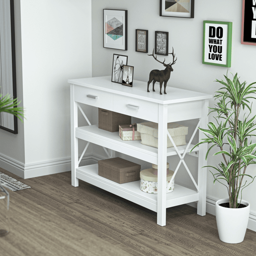 HOMCOM Mesa de console de estilo moderno com 2 gavetas e prateleiras inferiores 105x40x76 cm Branco