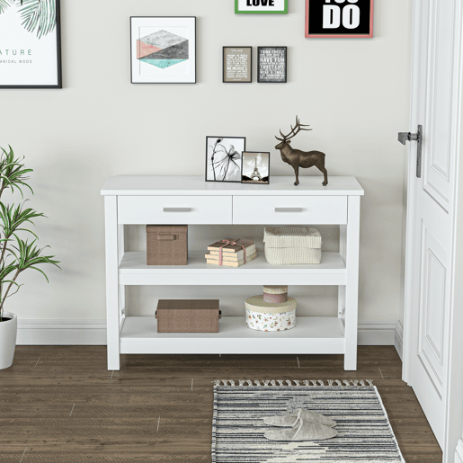 HOMCOM Mesa de console de estilo moderno com 2 gavetas e prateleiras inferiores 105x40x76 cm Branco