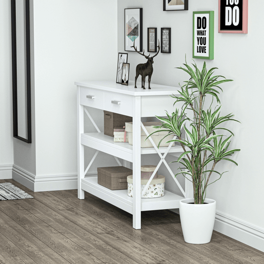 HOMCOM Mesa de console de estilo moderno com 2 gavetas e prateleiras inferiores 105x40x76 cm Branco