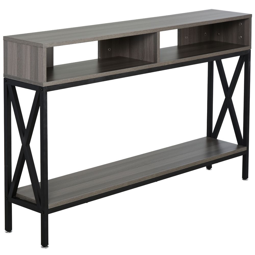 Homcom mesa consola mueble para recibidor con 2 compartimientos y estante consola para recibidor entrada pasillo 120x23,5x75 cm gris y negro