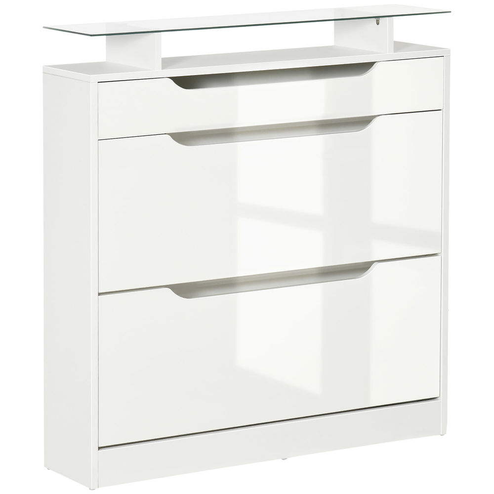 Homcom zapatero estrecho de 2 puertas mueble zapatero para 16 pares de zapatos con cajón estante abierto y encimera de vidrio para pasillo entrada 89x23x96 cm blanco