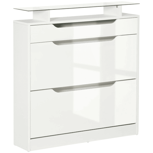 HOMCOM Móvel Sapateiro de 2 Portas Sapateiro Estreito para 16 Pares de Sapatos com Gaveta Prateleira Aberta e Bancada de Vidro para Corredor Entrada 89x23x96cm Branco