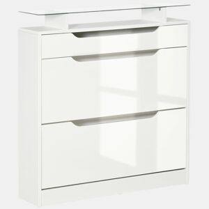 HOMCOM Móvel Sapateiro de 2 Portas Sapateiro Estreito para 16 Pares de Sapatos com Gaveta Prateleira Aberta e Bancada de Vidro para Corredor Entrada 89x23x96cm Branco