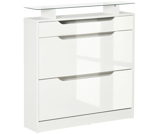 Homcom zapatero estrecho de 2 puertas mueble zapatero para 16 pares de zapatos con cajón estante abierto y encimera de vidrio para pasillo entrada 89x23x96 cm blanco